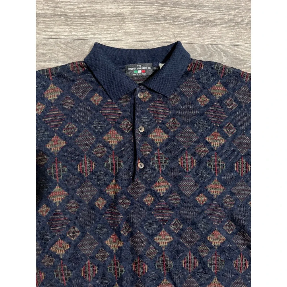 Vintage 80s The Italian Sweater Men L Wool Blend Navy Diamond Knit Polo Sweater